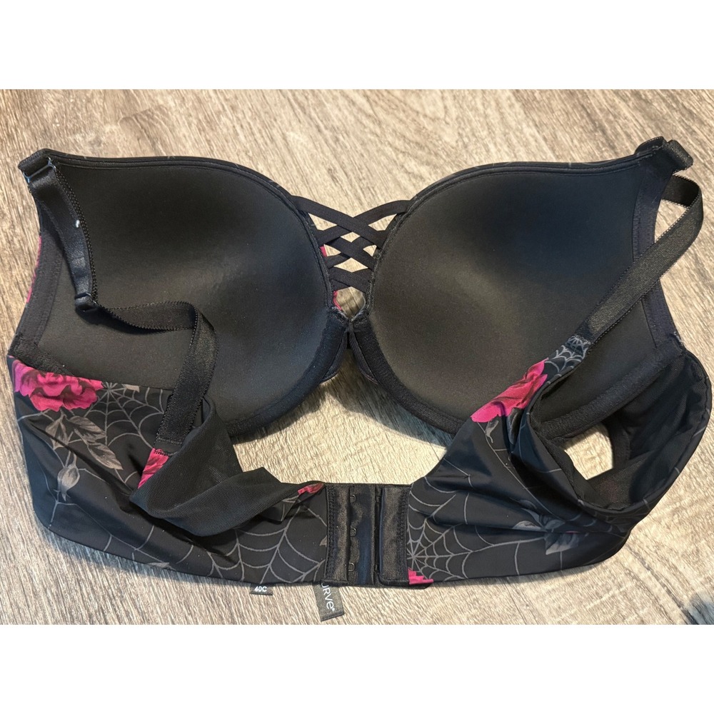 Torrid Curve 40C Black Pink Rose Spiderweb 360 Back Smoothing Push-Up Bra Gothic - Picture 4 of 4